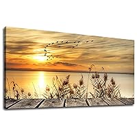 Wall Art Lake Sunset Canvas Art Autumn Nature Picture Dock Wooden Bridge Reeds Birds Flying Shore Dusk Contemporary Artwork for Bedroom Living Room Decoration Home Kitchen Office Wall Decor 20