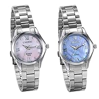 JewelryWe Women's Watch Analogue Quartz Silver Tone Stainless Steel Bracelet Elegant Business Casual Watch with Shell Rhinestone Roman Numerals Dial, Pink/Purple