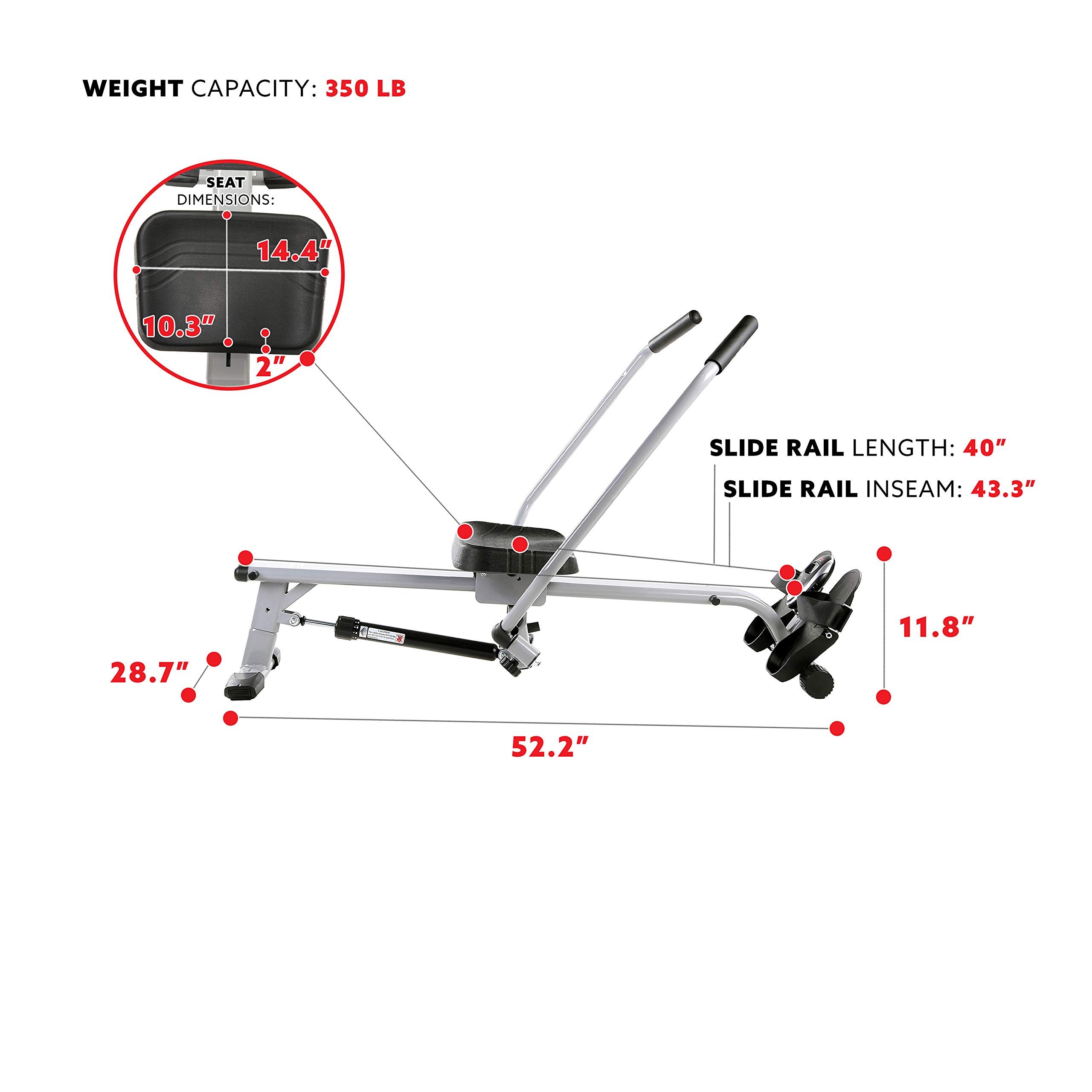 Sunny Health & Fitness SF-RW5639 Full Motion Rowing Machine Rower w/ 350 lb Weight Capacity and LCD Monitor, Silver