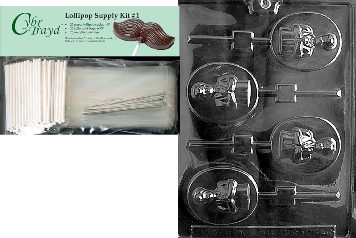 Cybrtrayd Boy Communion Lolly Chocolate Candy Mold with Lollipop Supply Bundle, Includes 25 Sticks, 25 Cello Bags, 25 Silver Twist Ties and Exclusive Cybrtrayd Copyrighted Chocolate Molding Instructions