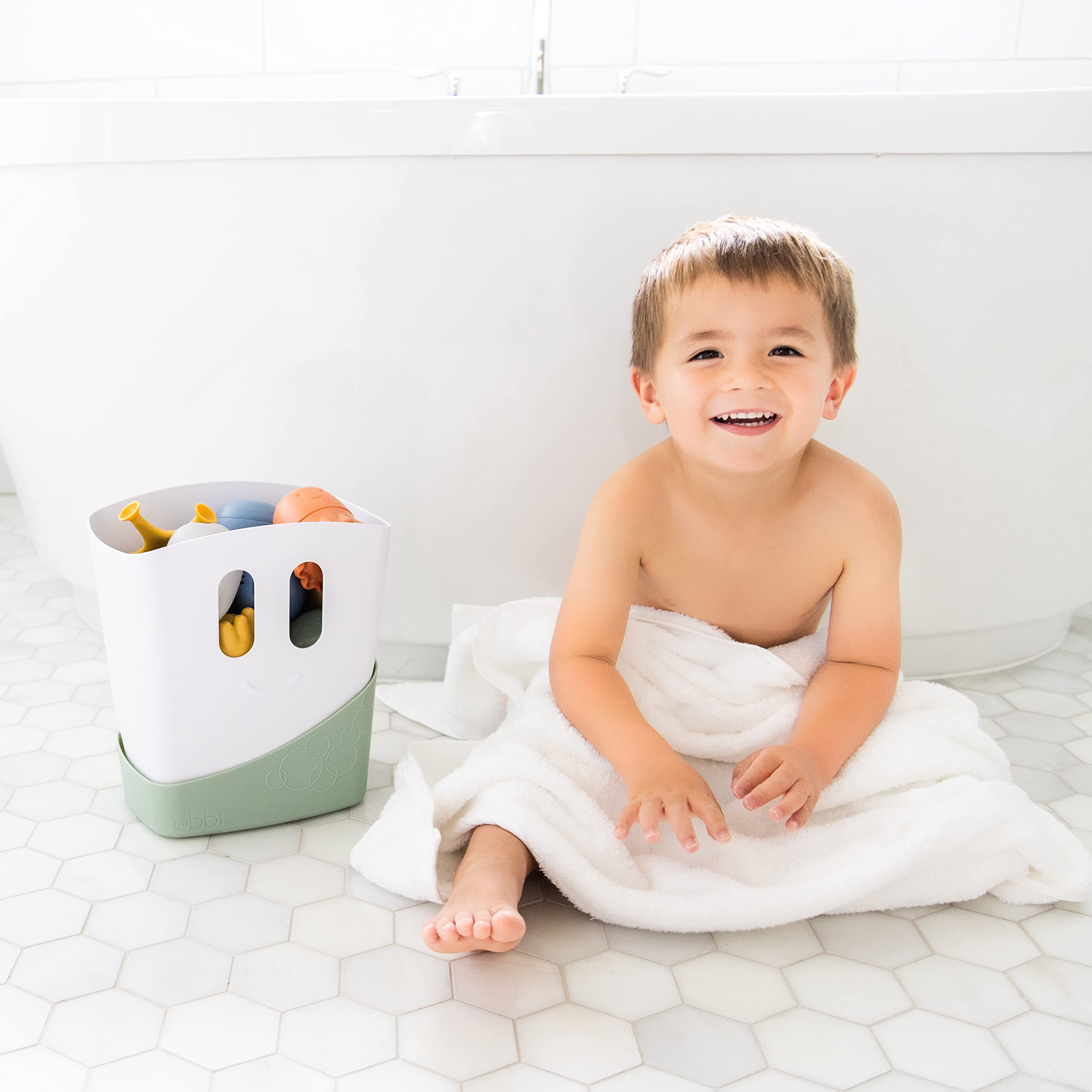 Ubbi Freestanding Bath Toy Organizer Bath Caddy with Removable Drying Rack Bin & Scoop for Toddlers + Baby, Sage