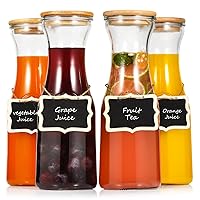 Glass Carafe Pitchers, Beverage Dispensers with Bamboo Lids and Tags, Clear Jugs For Mimosa Bar, Wine, Iced Tea, Lemonade, Milk and Juice, 35 oz, Set of 4