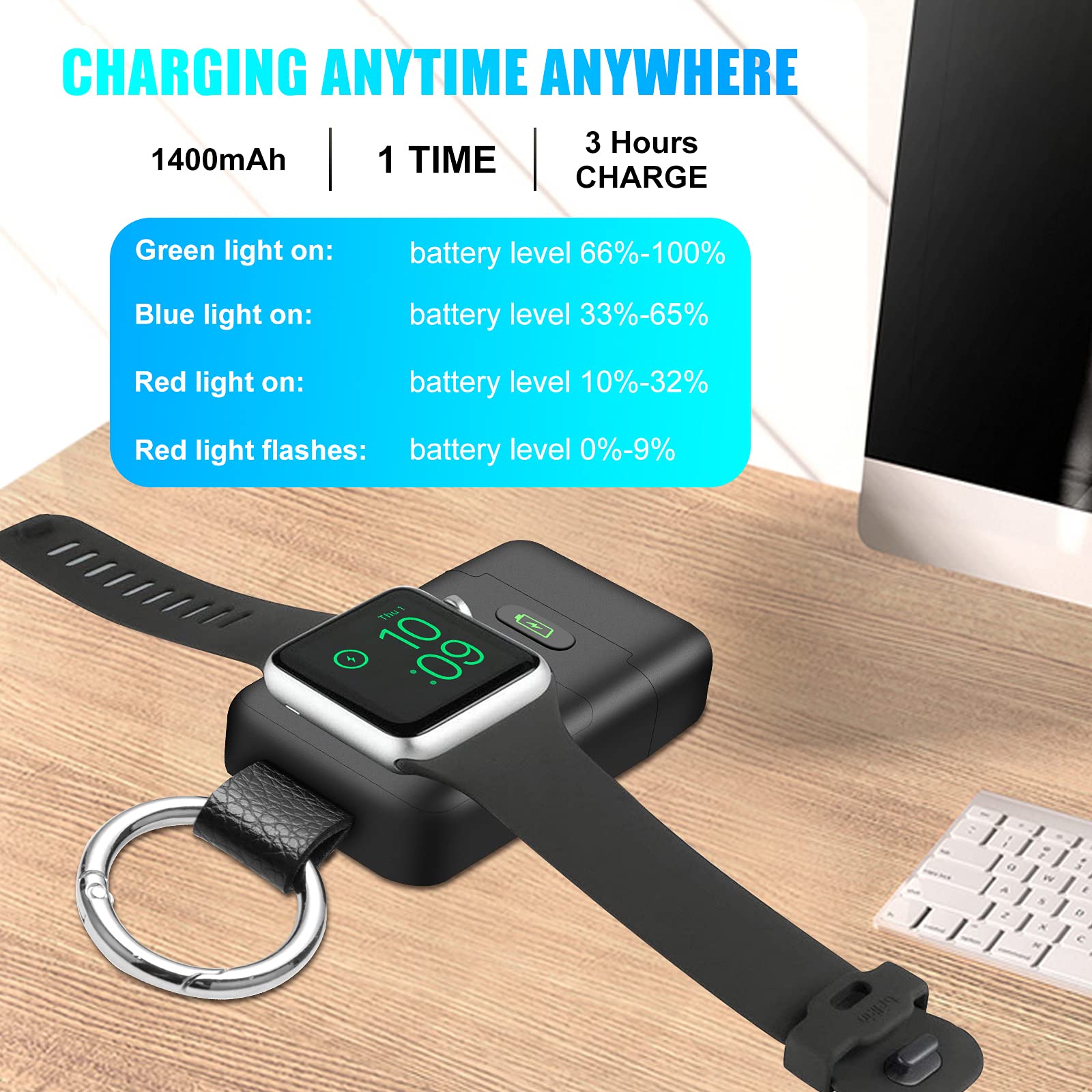 Portable Wireless Charger for Apple Watch,HUOTO Upgraded iWatch Charger 1400mAh Smart Keychain Power Bank,Portable Magnetic iWatch Charger for Apple Watch Series 8/UItra/7/6/SE/5/4/3/2/1 (Black)