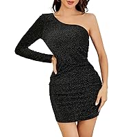 GORGLITTER Women's Glitter Ruched One Shoulder Bodycon Mini Dress Long Sleeve Party Pencil Short Dresses