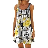 T-058 White Womens Sleeveless Dress Floral Graphic Loose Fit Dress for Ladies Crewneck Beach Casual Hawaiian Ruched Tropical Midi Knee High Fall Summer Dress 2024 Clothing L
