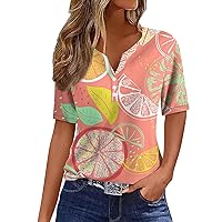 Tops for Women Trendy Casual Fruit Printed V-Neck Short Sleeve Decorative Button T-Shirt Top