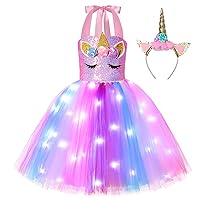 Unicorn Dress for Girls Sequin Unicorn Costume with LED Lights for Halloween Birthday Party Decorations