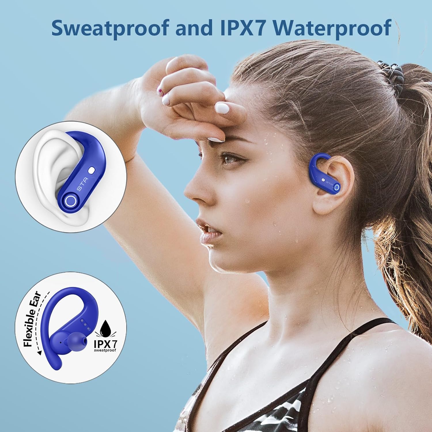 Wireless Earbuds Bluetooth Headphones 130H Playback 4-Mic HD Call IP7 Waterproof Ear Buds in Ear Sport LED Display Earphones with Earhooks for Running Workout Gym Phone Laptop TV Computer (Blue)
