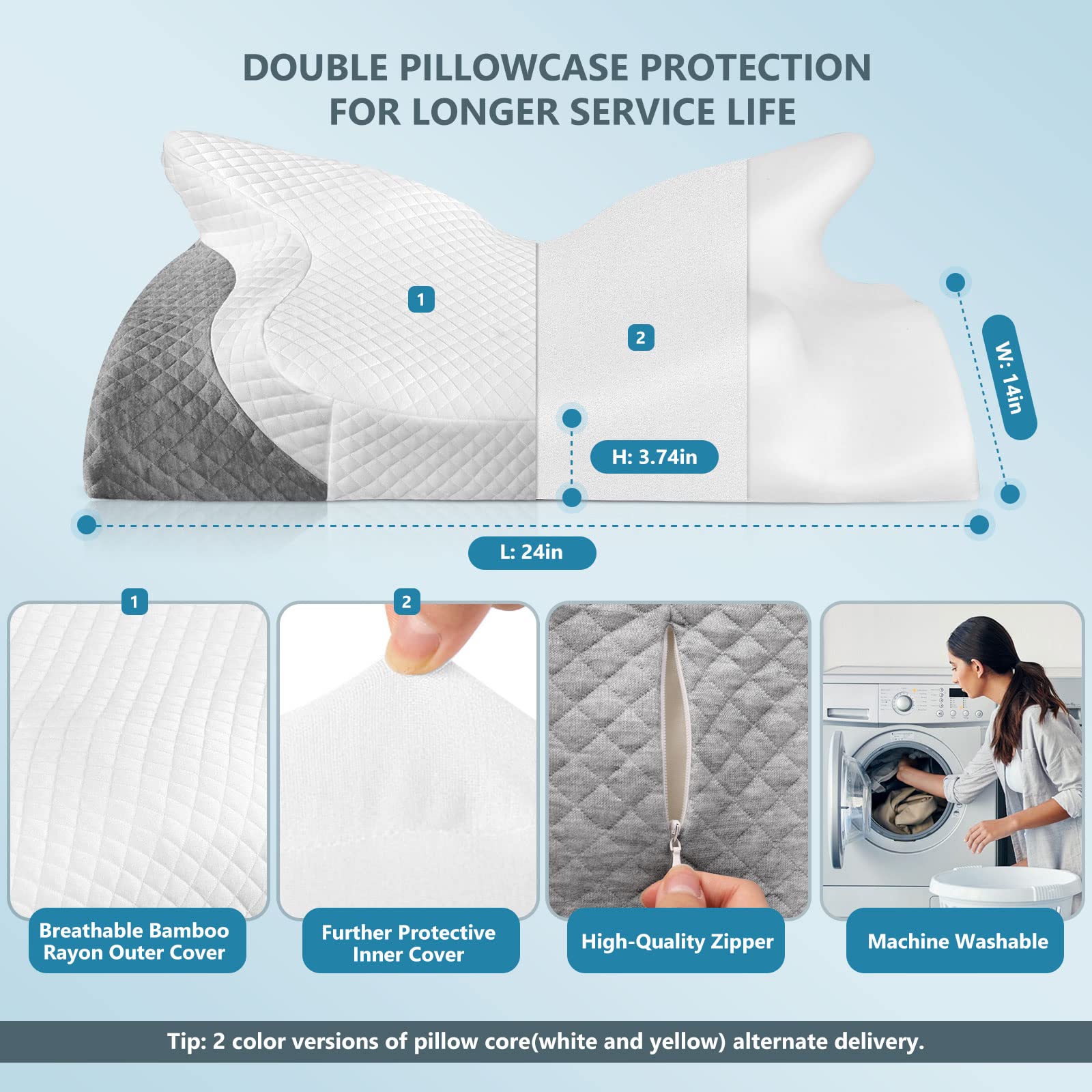 ZAMAT Adjustable Cervical Memory Foam Pillow, Odorless Neck Pillows for Pain Relief, Orthopedic Contour Pillows for Sleeping with Cooling Pillowcase, Bed Support Pillow for Side, Back, Stomach Sleeper