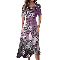 Summer Dresses for Women 2024 Gradient Print V-Neck Short Sleeve Waist Long Swing Dress