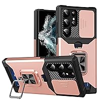 Galaxy S24 Ultra Kickstand Case, Heavy Duty Shell with Slide Camera Cover, Rotatable Ring Holder Stand, Shockproof Rugged Protective Case for Samsung Galaxy S24 Ultra (Rose Gold)