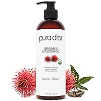 PURA D'OR 16 Oz ORGANIC Castor Oil - 100% Pure USDA Certified Cold Pressed, Hexane Free Eyelash & Eyebrow Growth Serum - For Fuller, Thicker Lashes & Brows - Skin & Hair Moisturizer - Bulk Size