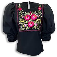 Catrina A Mexican Embroidered Flower Leaves Design Puffed Sleeve Blouse