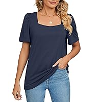 Leezeshaw Women's Square Neck Casual Tops Ladies Solid Puff Shoulder Short Sleeve T Shirts Loose Fit Summer Blouse