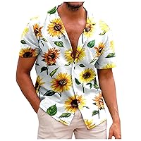 Hawaiian Sunflower Graphic Shirt for Men Tropical Summer Beach Short Sleeve Tees Button Up Comfortable T-Shirts