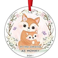 New Mom Christmas Ornaments 2021 Foxes Mama and Baby Wreath Ornament My First Christmas As Mommy Xmas Ornament Christmas Tree Hanging Decoration Ceramic Animal Ornament Baby's First