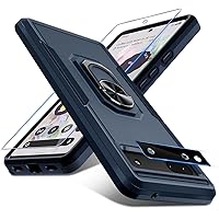 Janmitta for Google Pixel 6a Case with Screen Protector + Camera Lens Protector,Heavy Duty Shockproof Full Body Protective Phone Cover,Built in Rotatable Metal Ring Holder Kickstand,2022 Navy Blue