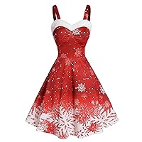 Women's 1950s Snowflake Printed Vintage Swing Dresses Sleeveless Cocktail Cami Dress Furry Sweetheart Tea Party Dress
