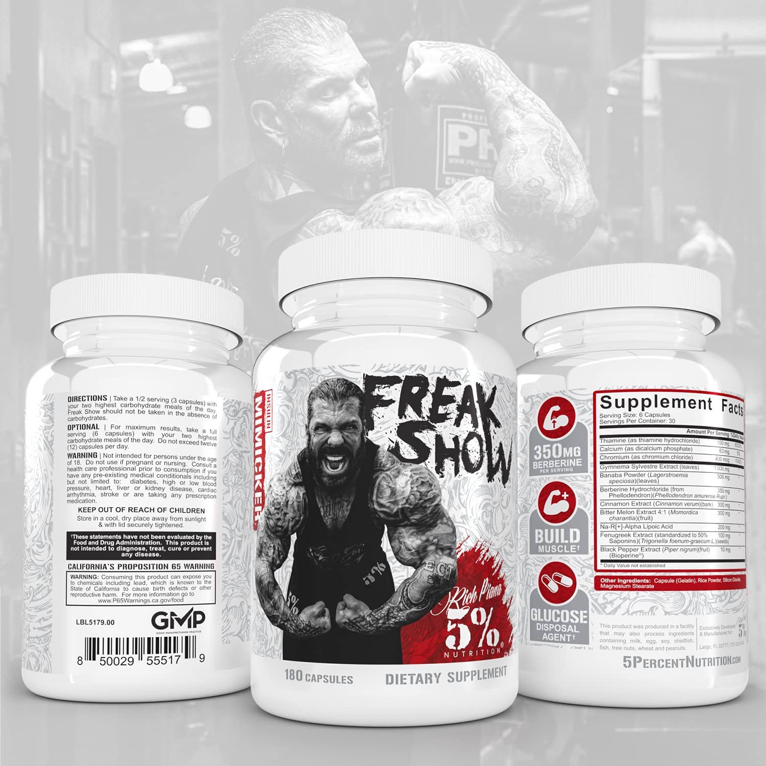 5% Nutrition Rich Piana Freak Show | Carb Partitioner, Glucose Disposal Agent & Insulin Support Supplement for Building Muscle | Berberine, Gymnema Sylvestre, Banaba Powder |180 Capsules (30 Days)