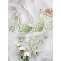 Lingerie for Women Floral Embroidery Underwire Lingerie Sleep & Lounge (Color : Mint Green, Size : Large)