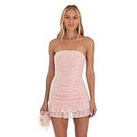 Women's Pink and Rose Gold Sequin Bodycon Mini Dress: Strapless, Sleeveless, Tight Tube Fit with Ruched and Ruffle Details