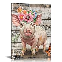 HANVEY Funny Piggy and Pink Butterfly Pig Pictures Wall Art Farmhouse Wall Decor Farm Animal Canvas Poster Mural for Bedroom Bathroom and Kitchen Framed and Ready to Hang