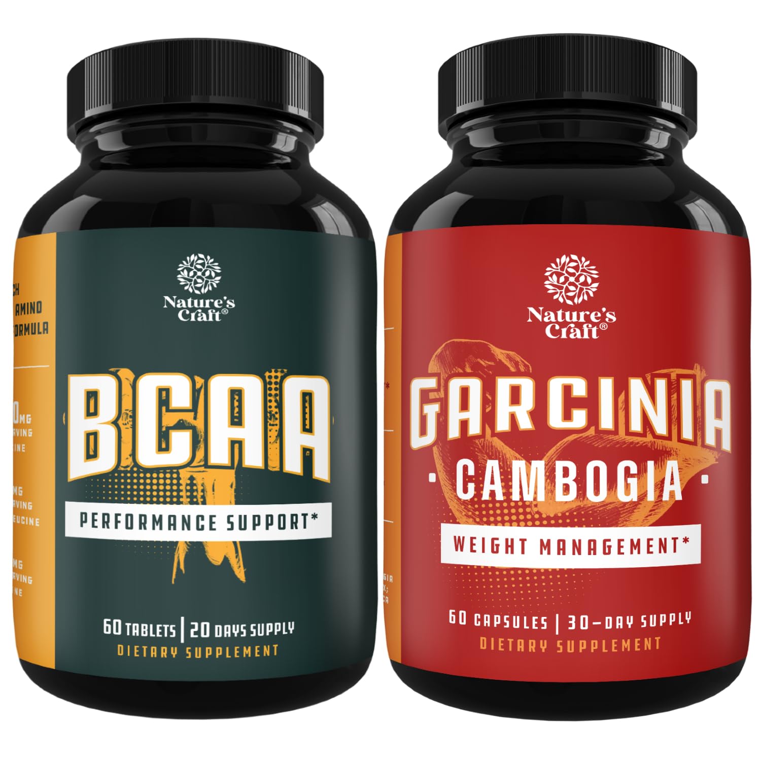 Bundle of Branch Chain Amino Acids Supplement and Pure Garcinia Cambogia Weight Loss Pills 95% HCA - Post Workout Muscle Recovery and Muscle Growth Support - Energy and Diet Pills for Women and Men