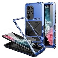 Samsung S24 Ultra Case Metal Silicone Armor Full Body Heavy Duty Tough S24 Ultra Rugged Military Grade case with Metal Stand Screen Protector Dustproof Shockproof Outdoor Case for Man (Blue)