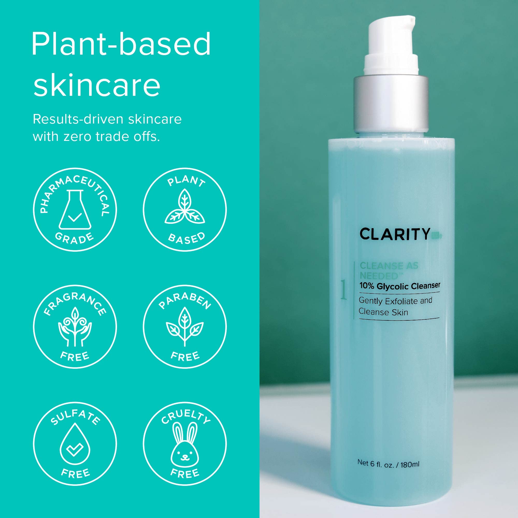 ClarityRx Cleanse As Needed 10% Glycolic Acid Facial Cleanser; Plant Based Exfoliating Face Wash; Paraben Free; Natural Skin Care