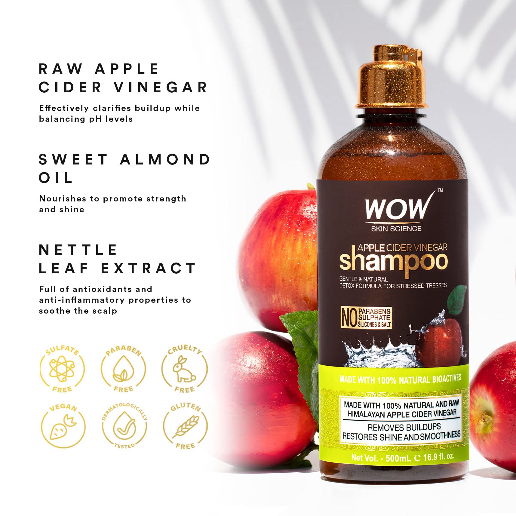 WOW Skin Science Apple Cider Vinegar Shampoo - Hair Growth Shampoo for Thinning Hair, Hair Loss & Dandruff Shampoo - Parabens & Sulfate Free Shampoo - Clarifying Shampoo for Build Up Purifying Shampoo
