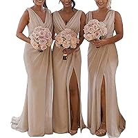 V Neck Slit Bridesmaid Dresses Long Chiffon Beach Wedding Evening Dress