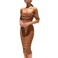 Pretty Garden Womens Summer Off The Shoulder Ruched Bodycon Dresses Sleeveless Fitted Party Club Midi