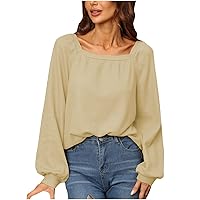 Womens Square Neck Tops Waffle Knit Lantern Long Sleeve Tunics Tee Casual Solid Color Shirts Loose Fit Blouse