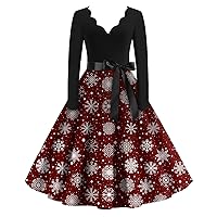 Christmas Dresses for Women Funny Snowflake Printed Vintage Wrap A Line Cocktail Dress Sexy Long Sleeve V-Neck Maxi Dress