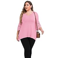 TIANZHU Women's Plus Size Top 3/4 Lace Bell Sleeve Shirt V Neck Dressy Tunic Blouse
