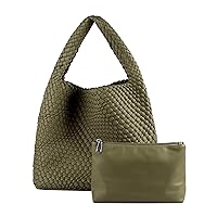 Women Vegan Leather Hand Woven Tote Handbag Large Capacity Shoulder Top-handle Bag All-Match Underarm Bag with Purse