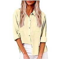Deal of The Prime of Day Today Cotton Linen Button Down Shirts for Women Long Sleeve Collared Work Blouse Trendy Loose Fit Summer Tops with Pocket