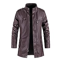 Leather Jackets Mens Stand Collar Steampunk Motorcycle Jackets Faux Pu Leather Mid-Length Windbreaker Trench Coat