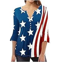 American Flag Tunic Tops Women Pleated Front Button V Neck Henley Shirt 3/4 Bell Sleeve 4th of July Patriotic Blouse