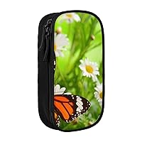 Butterfly on Daisy Flower Printed Cosmetic Bag Portable Makeup Bag Travel Jewelry Case Handbag Purse Pouch Black