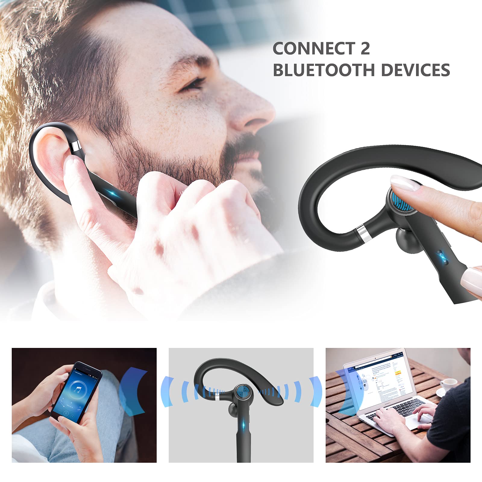 Bluetooth Earpiece,Tonstep Bluetooth Headset with MIC, Trucker Bluetooth Headset 50 Hours with Charging Case, in-Ear Headphones Wireless Earphones for Business,Office and Driving (Black-g1)