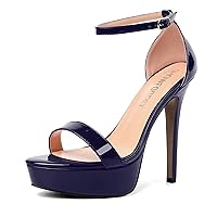 Womens Solid Buckle Platform Sexy Ankle Strap Night Club Patent Open Toe Stiletto High Heel Pumps Shoes 5 Inch
