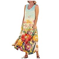 Trendy Dresses for Women 2024 Summer,Linen Maxi Flowy Dress for Women Fashion Sleeveless T-Shirt Sundress with Pocket