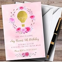 Pink Watercolour Hot Air Balloon Girls Childrens Birthday Party Invitations