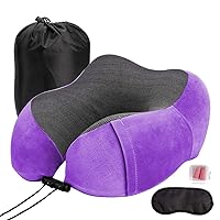 U-Shape Travel Pillow Memory Foam Neck Pillow Soft Slow Rebound Neck Pillow with 3D Contoured Eye Masks, Earplugs, and Luxury Bag (Purple)