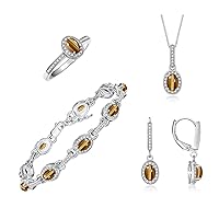 Rylos Women's Jewelry Set: Sterling silver Halo Tennis Bracelet, Dangling Earrings, Ring & Necklace. Gemstone & Diamonds, 7