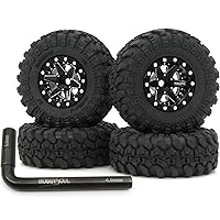 HOBBYSOUL 1.0 Beadlock Wheels Tires Set Adjustable Offset Wheel deep Dish Rims Black Color, Negative Offset 1.0 Wheels and Tires for 1/24 RC Crawler Axial SCX24 & 1/18 TRX4M,(4-Pack, Assembled)