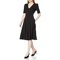 Donna Morgan Women's Stretch Crepe Elbow Sleeve V-Neck Fit and Flare Midi Dress