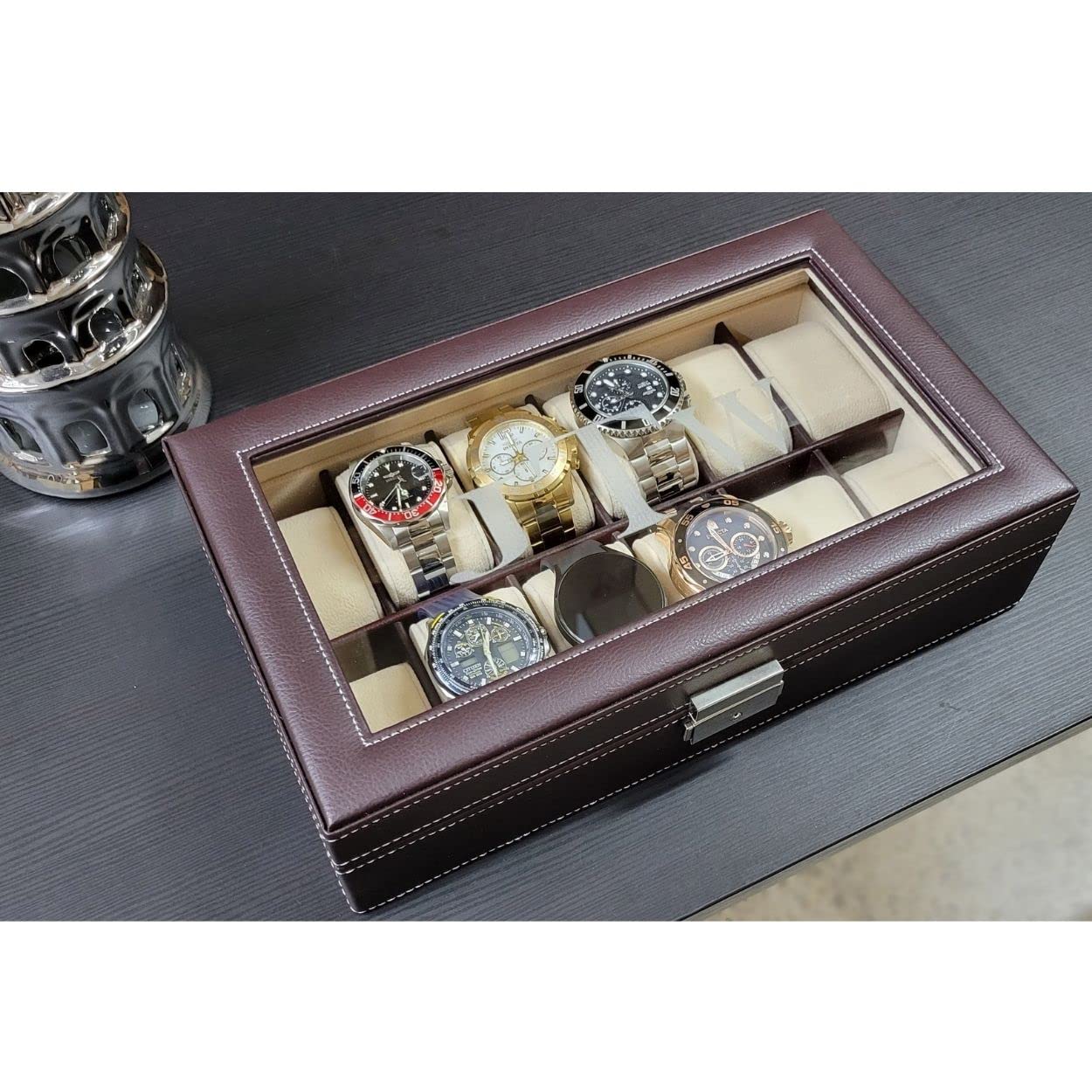 TIMELYBUYS Personalized 12 Slot Chocolate Brown Leatherette Men's Watch Box Display Case Collection Jewelry Box Storage Engraved Glass Top