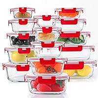 KOMUEE 30 Pieces Glass Food Storage Containers Set, Glass Meal Prep Containers Set with Snap Locking Lids, Airtight Glass Lunch Containers, BPA Free, Microwave, Oven, Freezer & Dishwasher, Red